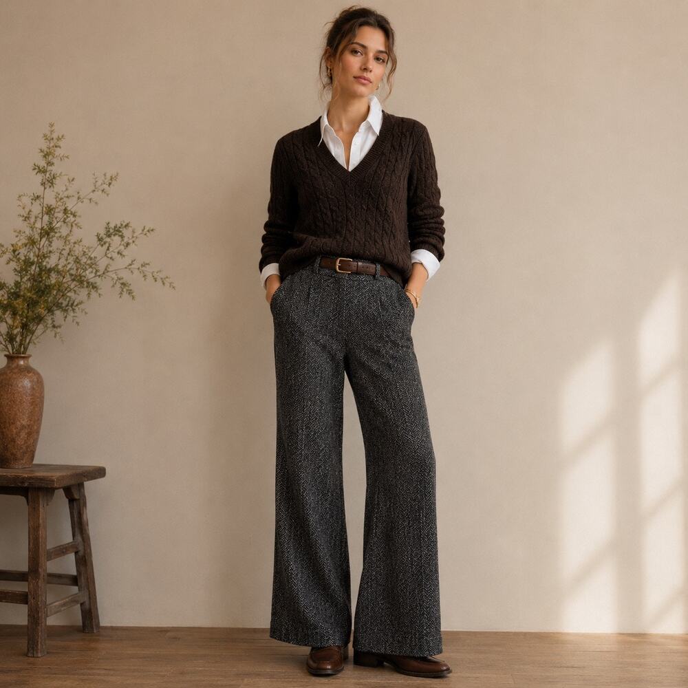 Express Editor Herringbone Wide Leg Pants 6 Petite Charcoal Mid Rise